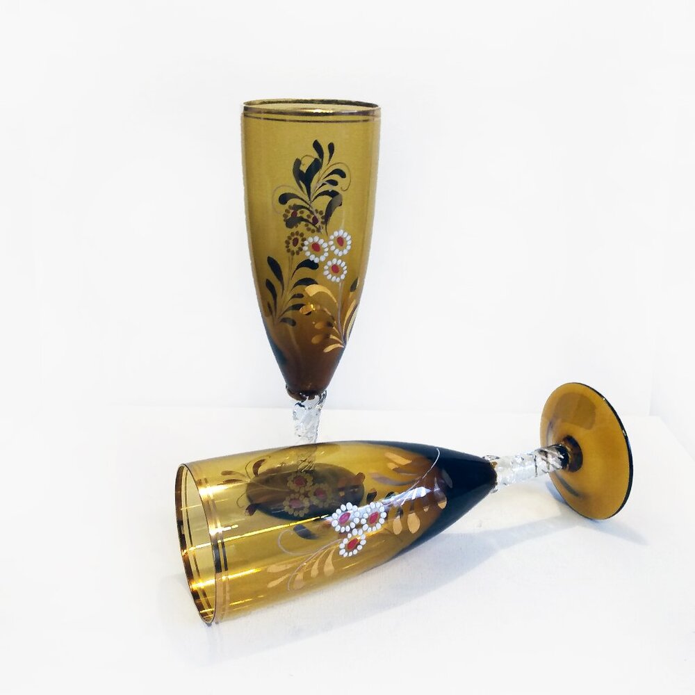 Pair Of Vintage Amber Crystal Flute Glasses-Gold & Flower Accents With Gold Trim